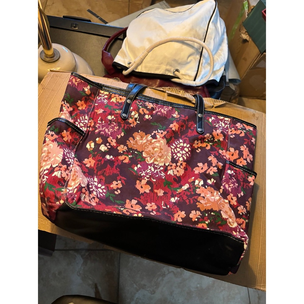Merona Floral Canvas Purse Bag Maroon Pink Pockets